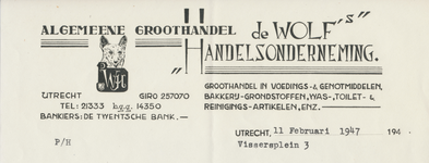 712238 Briefhoofd van een brief van de Wolf’s Handelsonderneming, Algemeene Groothandel, Groothandel in Voedings- & ...